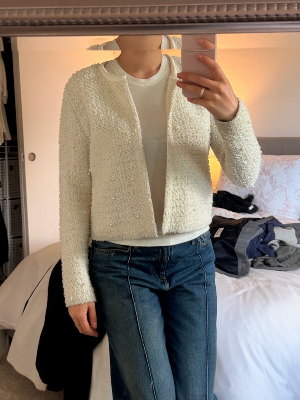 Ivory Textured Open-Front Bouclé Jacket
